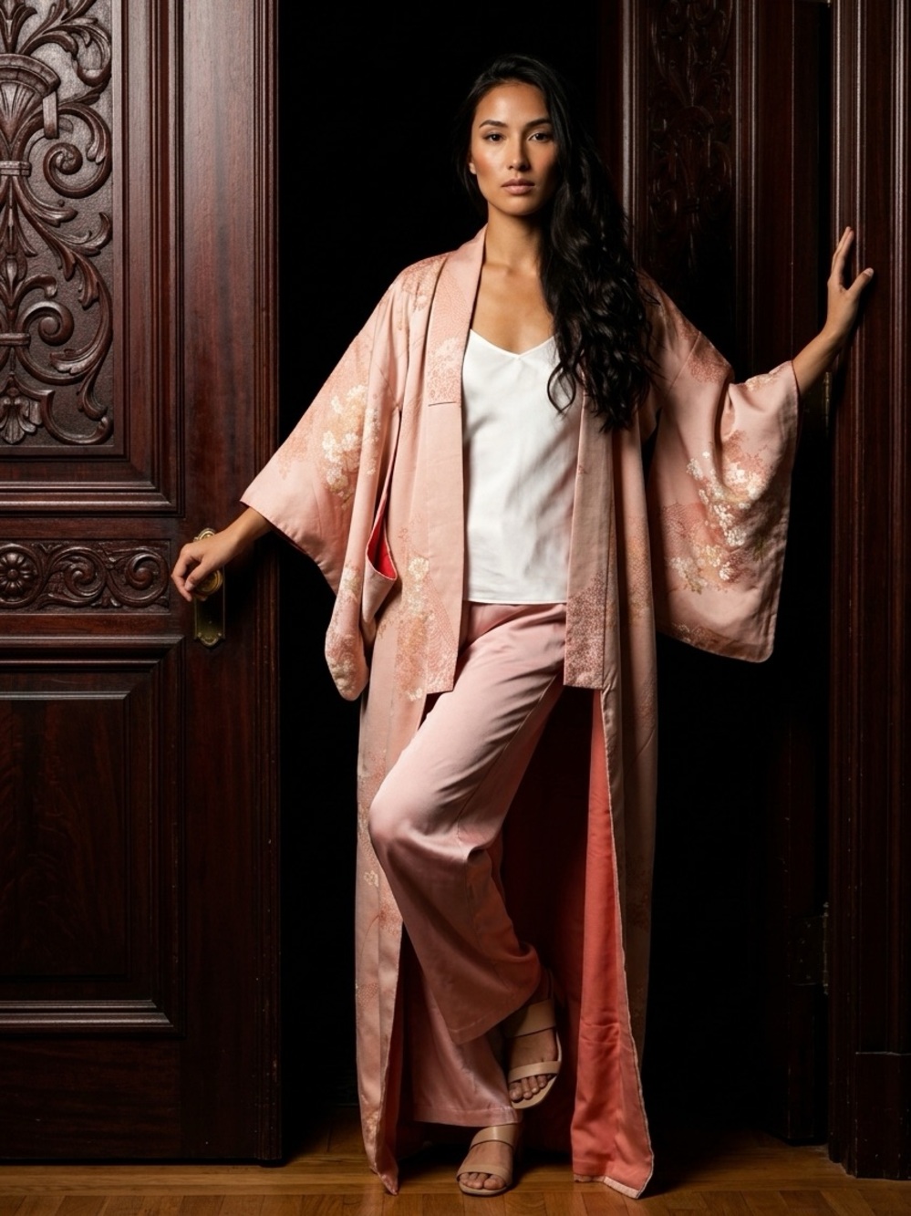 Vintage 50s Silk Embroidered Kimono Robe - Blush Pink With Cherry Blossoms (OS) - Picture 1 of 16